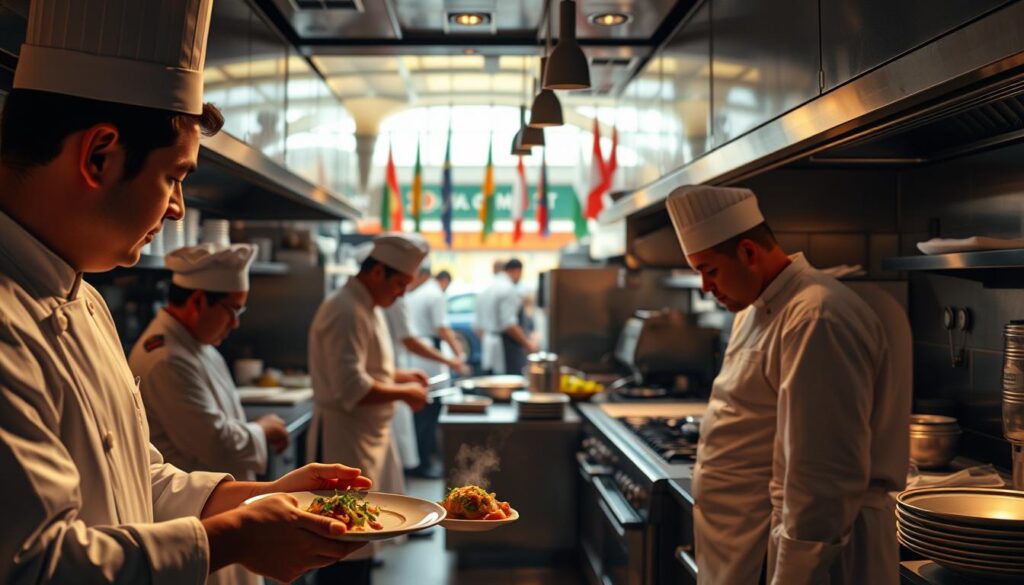 A bustling commercial kitchen with chefs in crisp white uniforms working at various stations, showcasing the diverse culinary skills and wages in different countries. Warm lighting illuminates the scene, casting shadows that create depth and dimension. In the foreground, a chef expertly plates a gourmet dish, while in the middle ground, others prepare ingredients and man the stove. The background reveals a vibrant, multicultural setting, with flags and signage representing different nationalities. The atmosphere conveys the prestige and hard work involved in the culinary profession, highlighting the variations in chef salaries across the global food industry.
