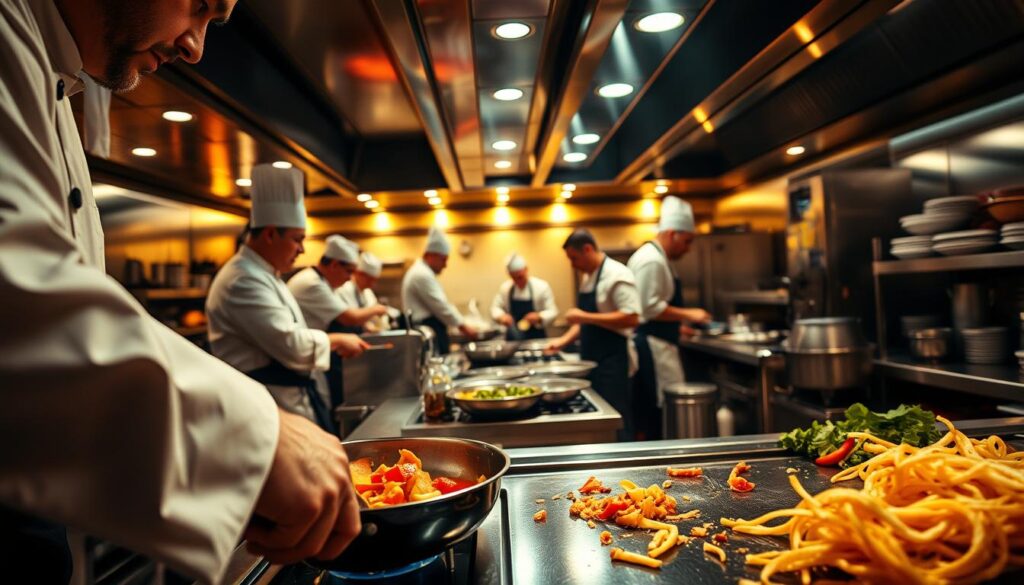 A bustling kitchen scene, captured with a wide-angle lens, showcasing the culinary artistry of chefs at work. In the foreground, skilled hands meticulously prepare a delectable dish, the sizzle of the pan and the aroma of freshly chopped ingredients creating an immersive atmosphere. The middle ground features a team of chefs, each focused on their individual tasks, their movements choreographed like a well-rehearsed dance. The background reveals the organized chaos of a professional kitchen, with gleaming stainless-steel appliances and a vibrant, energetic ambiance illuminated by warm, soft lighting. This image embodies the dedication, passion, and artistry that define the profession of a chef, capturing the essence of the section "Ile zarabiają kucharze" within the broader context of the article.
