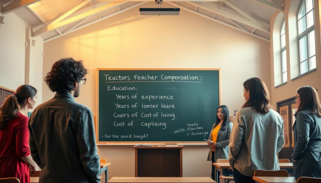 A classroom scene with teachers standing in the foreground, discussing various factors that influence their compensation. In the middle ground, a chalkboard displays a list of these factors, such as education level, years of experience, and cost of living. The background features a school building with an inspiring architectural design, bathed in warm, natural lighting that casts a contemplative mood. The overall composition conveys the complexity and importance of the topic of teacher salaries in a visually engaging way. A classroom scene with teachers standing in the foreground, discussing various factors that influence their compensation. In the middle ground, a chalkboard displays a list of these factors, such as education level, years of experience, and cost of living. The background features a school building with an inspiring architectural design, bathed in warm, natural lighting that casts a contemplative mood. The overall composition conveys the complexity and importance of the topic of teacher salaries in a visually engaging way.