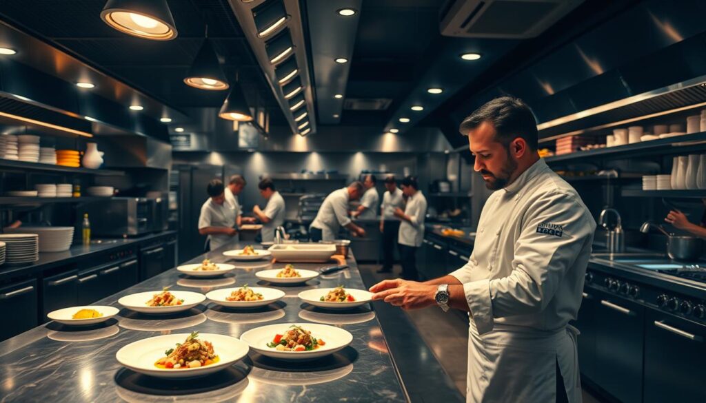 A high-end restaurant kitchen, dimly lit with warm overhead spotlights illuminating the chefs at work. In the foreground, a head chef stands before a spotless stainless steel counter, expertly plating a gourmet dish. Their hands move with precision, arranging the components with thoughtful artistry. In the middle ground, a team of skilled sous chefs and line cooks hustle between stations, chopping, searing, and assembling an array of complex culinary creations. The background features a backdrop of gleaming stainless steel appliances, shelves of specialized ingredients, and the occasional flash of flames from the stovetops. An atmosphere of focus, intensity, and culinary mastery permeates the scene.