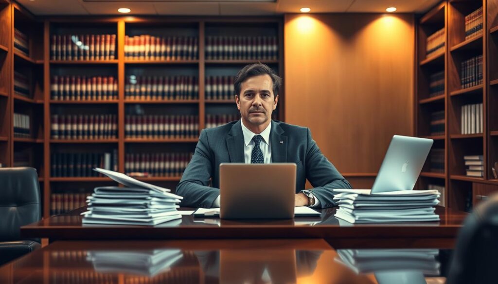 A modern law office interior, with a well-dressed attorney sitting at a polished wooden desk, surrounded by stacks of documents and a laptop. The room is bathed in warm, indirect lighting, casting a professional, but inviting atmosphere. In the background, bookshelves line the walls, hinting at the depth of legal knowledge available. The attorney's expression conveys a sense of focused diligence, reflecting the importance of their work and the compensation it commands. The overall scene aims to visually communicate the concept of a successful, well-compensated lawyer working within a prestigious law firm.