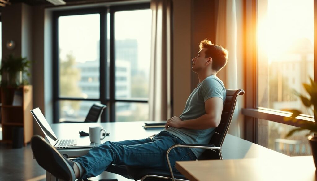 A modern office setting with a young professional sitting at a desk, looking relaxed and taking a break from their work. Natural lighting filters in through large windows, casting a warm glow on the scene. The worker is dressed casually, perhaps in jeans and a t-shirt, leaning back in their chair and gazing out the window, lost in thought. The desk is neatly organized, with a laptop, notebook, and a mug of coffee or tea. The atmosphere conveys a sense of tranquility and a break from the usual workday routine, suggesting the employee is enjoying a well-deserved respite in their first month of employment.