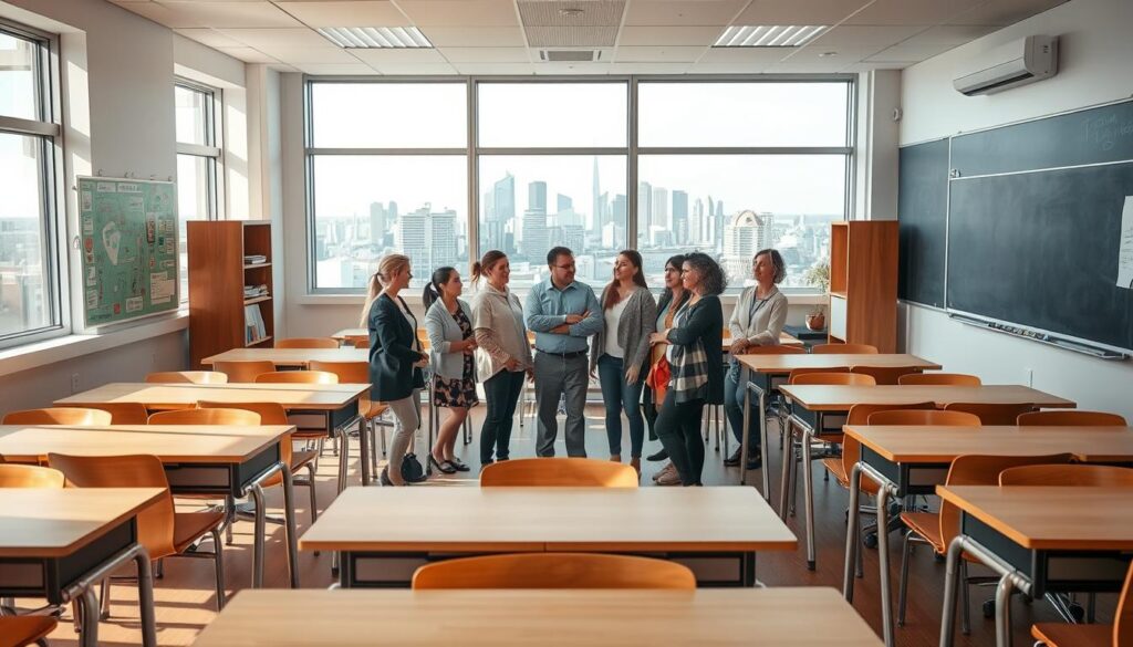 A spacious classroom with modern, well-equipped desks and chairs. The walls are adorned with educational posters and a large chalkboard. Through the windows, a cityscape comes into view, showcasing the growth and development of the surrounding area. The lighting is soft and natural, casting a warm glow over the scene. In the center of the room, a group of teachers are gathered, engaged in a lively discussion, their expressions reflecting a sense of optimism and pride in their profession. The overall atmosphere conveys a vision of a bright future for the teaching profession in Poland, where their hard work and dedication are valued and rewarded accordingly. A spacious classroom with modern, well-equipped desks and chairs. The walls are adorned with educational posters and a large chalkboard. Through the windows, a cityscape comes into view, showcasing the growth and development of the surrounding area. The lighting is soft and natural, casting a warm glow over the scene. In the center of the room, a group of teachers are gathered, engaged in a lively discussion, their expressions reflecting a sense of optimism and pride in their profession. The overall atmosphere conveys a vision of a bright future for the teaching profession in Poland, where their hard work and dedication are valued and rewarded accordingly.