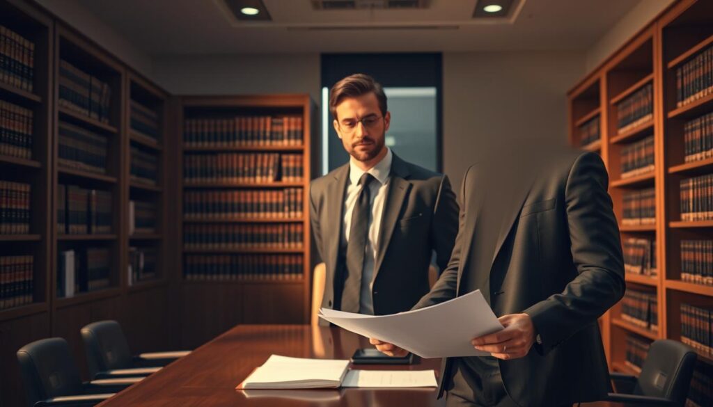 A well-dressed lawyer standing confidently in a modern law office, surrounded by bookshelves and a large desk. Warm, directional lighting casts dramatic shadows, highlighting the lawyer's focused expression as they review documents. The scene conveys a sense of professionalism, expertise, and the complexity of legal work. The overall mood is one of authority, competence, and the high-stakes nature of the lawyer's role in handling a case.