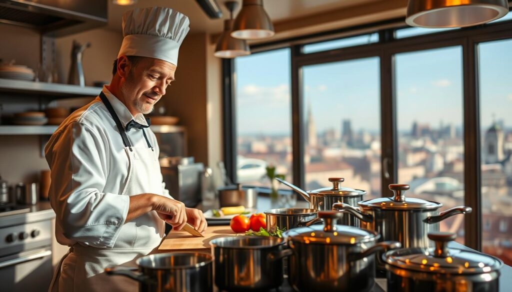 Cozy kitchen interior with a German chef in the foreground, wearing a crisp white apron and chef's hat. Surrounded by gleaming pots and pans, the chef stands before a cutting board, skillfully slicing fresh ingredients. In the background, a large window offers a view of a bustling German city skyline. Warm, golden lighting casts a welcoming glow, evoking the hearty, satisfying atmosphere of a successful restaurant kitchen. The scene conveys the expertise, dedication, and comfortable working conditions that contribute to the chef's fair compensation in Germany.