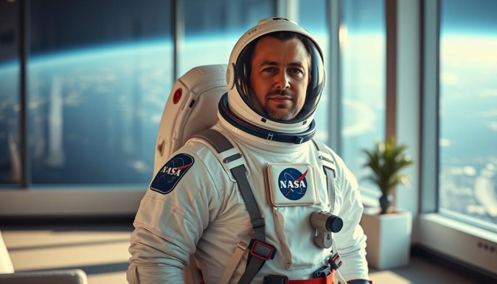 A NASA astronaut standing in a spacious, well-lit office, dressed in a crisp white spacesuit and safety harness. The astronaut's face is visible, conveying a sense of professionalism and dedication. The background features a large window overlooking the Earth, with a celestial landscape visible in the distance. Soft, directional lighting creates depth and emphasizes the astronaut's features. The scene exudes a sense of authority, expertise, and the prestige associated with a career at NASA.