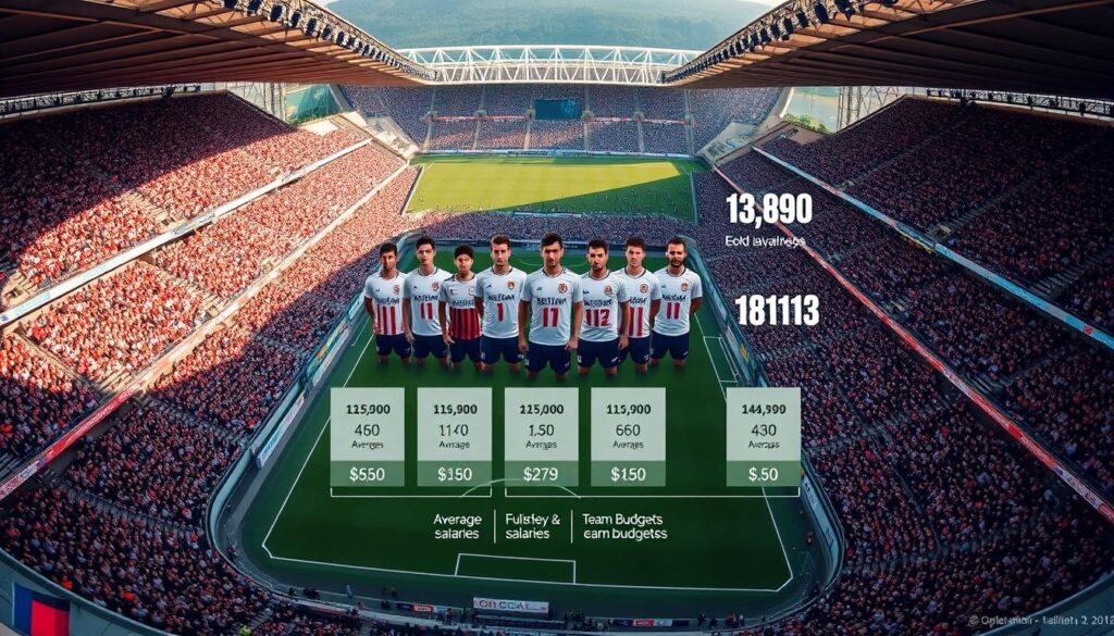 A bird's-eye view of a football stadium, its grandstands filled with cheering fans. In the center, a group of professional soccer players, their uniforms emblazoned with the crests of the top Ekstraklasa clubs. Surrounding them, a detailed infographic showcasing the average salaries and team budgets of these elite teams, rendered in a clean, data-driven style. The lighting is warm and natural, casting a subtle glow on the players and the infographic elements. The perspective captures the scale and importance of the Ekstraklasa league, conveying the financial power and prestige of its leading clubs.