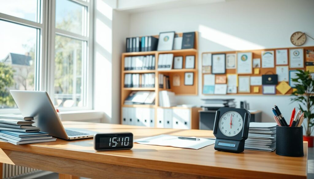 A bright, airy office interior with natural lighting streaming through large windows. In the foreground, a wooden desk with various work-related items - a laptop, a stack of folders, a pen holder. On the desk, a digital clock displays the passage of time. In the middle ground, a bookshelf filled with binders and documents, representing the accumulation of work experience. The background features a cork board with various certificates and awards, signifying the accomplishments and milestones of a career. The overall atmosphere conveys a sense of productivity, organization, and the tangible evidence of professional growth over time.