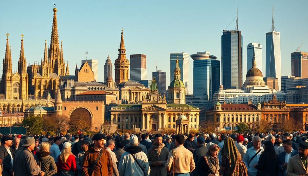 A bustling city skyline with distinct regional architectural styles - towering Gothic cathedrals, ornate Renaissance palaces, and modern glass-and-steel skyscrapers. In the foreground, a diverse group of people in traditional regional attire - farmers, artisans, and merchants - engaged in lively discussions. The middle ground features courthouses of varying designs, reflecting the judicial systems across different provinces. Warm, golden sunlight casts long shadows, creating a sense of timelessness and cultural richness. The atmosphere conveys the complexity and nuances of regional variations within a unified national framework.