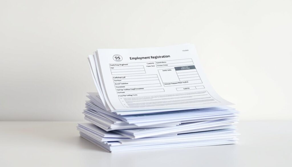 A carefully arranged stack of official documents against a clean, minimalist backdrop. The documents, meticulously organized, include a personalized employment registration form, identification cards, proof of address, and other essential paperwork required for registering at the local employment office. The lighting is soft and even, accentuating the crisp, professional appearance of the documents. The composition places the documents as the central focus, conveying the importance and attention to detail needed for this administrative process. An atmosphere of order and efficiency pervades the scene, reflecting the step-by-step nature of the registration procedure.