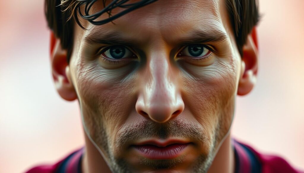 A close-up portrait of the world-renowned footballer Leo Messi, captured in a high-resolution, cinematic style. Messi's face is illuminated by soft, natural lighting, highlighting his focused gaze and the determined expression on his face. The background is blurred, creating a sense of depth and emphasizing the subject. The image conveys Messi's unwavering dedication and the immense wealth he has accumulated through his exceptional skills and global fame as one of the highest-paid athletes in the world.