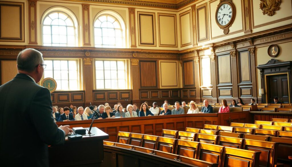 A courtroom interior with sunlight streaming through the windows, illuminating a panel of diverse individuals sitting at a table, their expressions conveying a sense of civic duty. In the foreground, a podium where a judge or court official stands, addressing the panel. The middle ground features rows of wooden benches, suggesting the presence of an audience or jury. The background showcases the ornate architectural details of the courtroom, such as intricate moldings, high ceilings, and a clock on the wall. The overall atmosphere is one of solemnity and professionalism, reflecting the importance of the role of a juror or lay judge. The lighting is natural, with soft shadows and highlights accentuating the facial features and body language of the panel members.