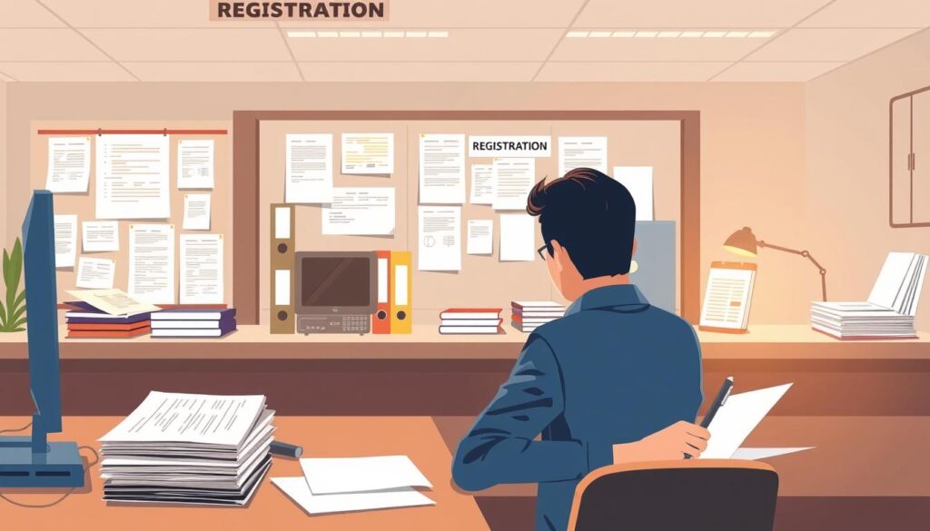 A detailed illustration of the registration process at a labor office. In the foreground, a person sits at a desk, carefully filling out paperwork. The middle ground showcases various documents, folders, and a computer monitor, conveying the administrative nature of the registration. In the background, a clean and organized office environment with muted colors sets a professional tone. Warm, diffused lighting gently illuminates the scene, creating a sense of calm efficiency. The composition emphasizes the step-by-step nature of the registration, inviting the viewer to follow the process visually.