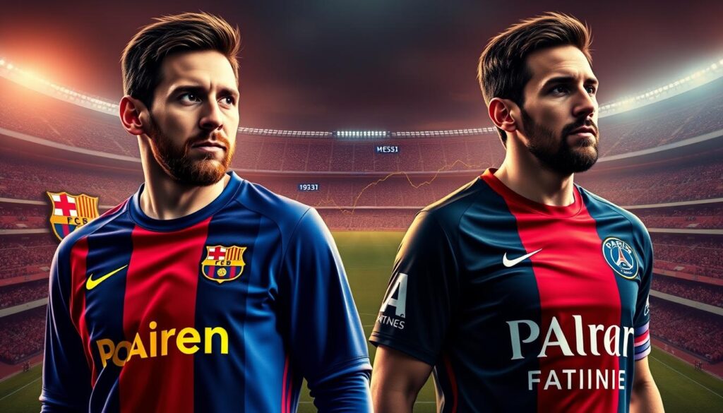 A detailed, photo-realistic illustration depicting Leo Messi's earnings and salary history, comparing his time at Barcelona versus his current contract with Paris Saint-Germain. The foreground shows Messi in his Barcelona and PSG uniforms, with numerical values overlaying each to represent his respective salaries. The middle ground features a line graph charting his earnings progression over the years. The background showcases the iconic stadiums of Camp Nou and Parc des Princes, conveying the transition between the two clubs. Warm lighting and a cinematic, dramatic tone create an impactful, high-quality visual that effectively communicates the subject matter.