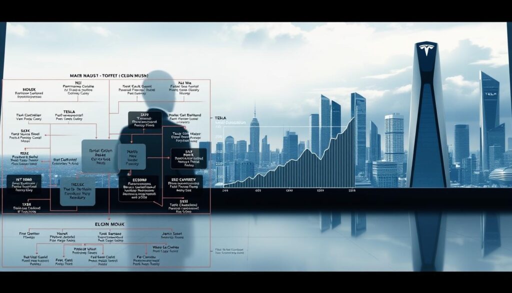 A detailed visualization of Elon Musk's compensation model. In the foreground, a complex diagram depicting the various performance-based stock options, bonuses, and other financial mechanisms that drive his multi-billion dollar pay. In the middle ground, a visualization of the astronomical growth of Tesla's stock price, the key enabler of Musk's staggering wealth. In the background, a sleek, futuristic cityscape symbolizing the technological innovation and disruption that underpins Musk's business ventures. The scene is rendered in a high-contrast, technical style with strong directional lighting, emphasizing the precision and scale of Musk's unique pay structure.