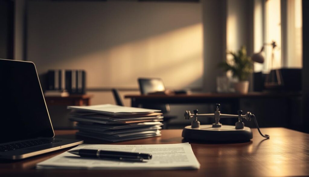 A dimly lit office interior, the foreground dominated by a desk with a laptop, documents, and a pen. In the middle ground, a stack of envelopes and a postal scale, symbolizing the process of sending a letter of employment termination. The background is blurred, but suggests a sense of uncertainty and unease. Soft, warm lighting casts subtle shadows, creating a contemplative atmosphere. The overall composition conveys the significance and potential risks associated with delivering a termination notice via mail. A dimly lit office interior, the foreground dominated by a desk with a laptop, documents, and a pen. In the middle ground, a stack of envelopes and a postal scale, symbolizing the process of sending a letter of employment termination. The background is blurred, but suggests a sense of uncertainty and unease. Soft, warm lighting casts subtle shadows, creating a contemplative atmosphere. The overall composition conveys the significance and potential risks associated with delivering a termination notice via mail.