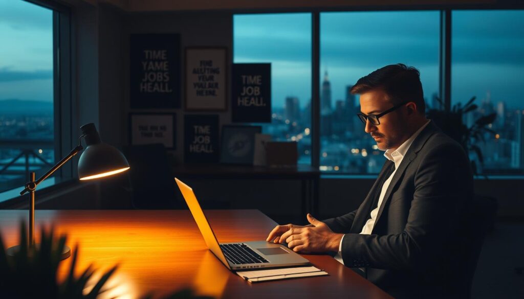 A dimly lit office interior, with warm, soft lighting casting a cozy glow. In the foreground, a well-dressed individual sits at a desk, deeply engrossed in reviewing job listings on a sleek laptop. The middle ground features an array of framed motivational quotes and career-oriented artwork, hinting at the importance of timing one's job search. The background depicts a panoramic view of a city skyline, suggesting the broader career opportunities available at different times of the year. The scene conveys a sense of thoughtful introspection and strategic planning, reflecting the nuances of finding the right employment at the optimal moment.