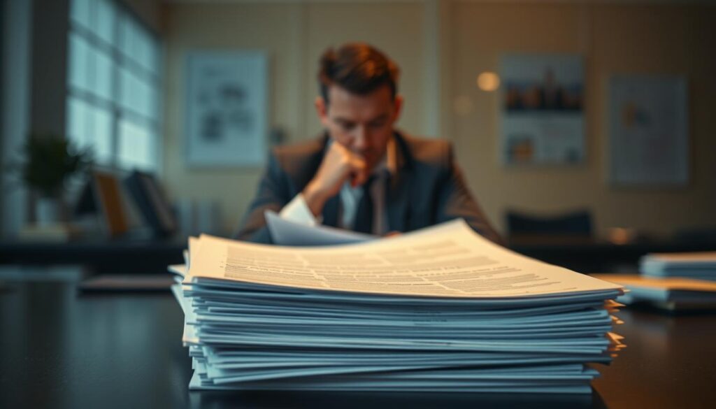 A dimly lit office setting, with a desk in the foreground featuring a stack of temporary employment contracts. In the middle ground, a businessperson sits pensively, reviewing the documents. The background is blurred, conveying a sense of administrative bureaucracy. Soft, warm lighting illuminates the scene, creating a pensive, contemplative atmosphere. The overall composition suggests the complexities and constraints of fixed-term employment contracts, aligning with the article's focus on the limits and regulations surrounding such agreements.