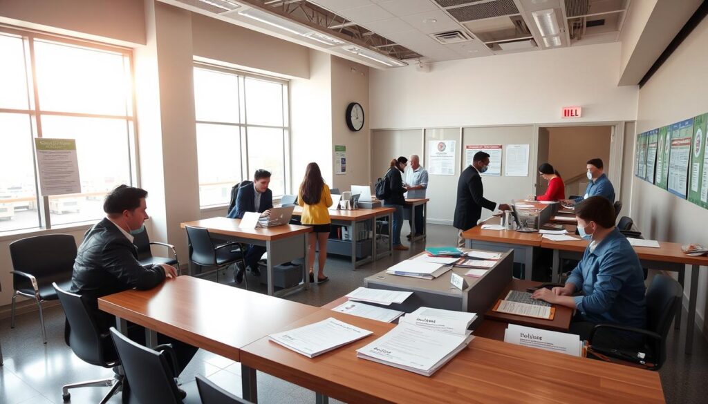 A modern government office interior with a waiting area and several registration desks. Bright, natural lighting filters in through large windows, creating a warm and welcoming atmosphere. On the desks, various forms and documents are neatly organized, ready for the next person in the queue. The walls feature informative posters and signage guiding citizens through the registration process. In the foreground, a few individuals are seated, patiently awaiting their turn, while others approach the desks, engaged in friendly discussions with the clerks. The overall scene conveys an efficient, streamlined registration experience.