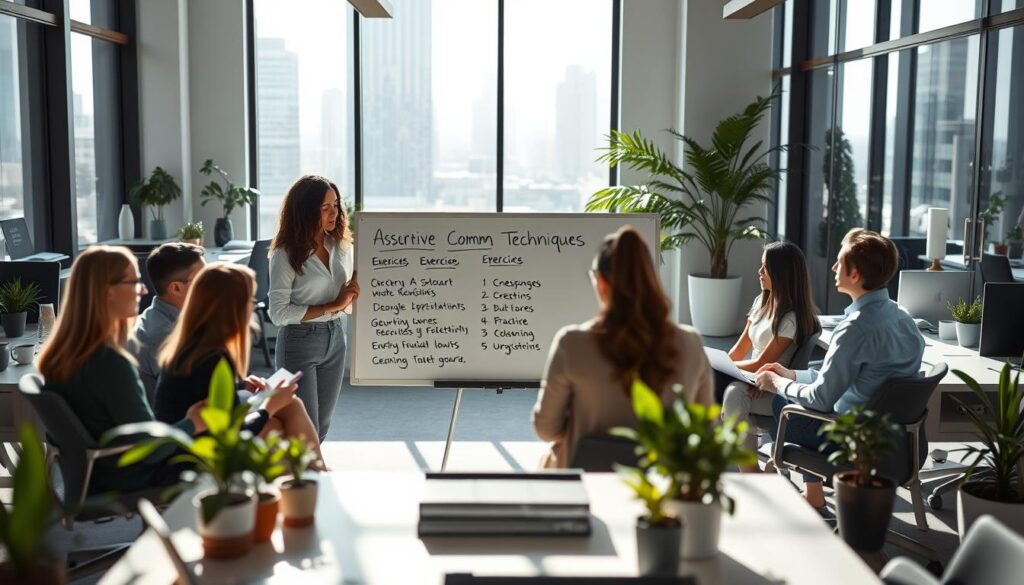 A modern office setting with natural lighting filtering through large windows. In the foreground, a group of employees engaged in an interactive training session, practicing assertive communication techniques. Centered is a whiteboard with sketched exercises and bullet points outlining the session's content. Surrounding the group, the middle ground depicts various office furnishings - desks, chairs, and plants - arranged to encourage an open, collaborative atmosphere. The background shows the cityscape outside, suggesting a professional, urban environment. The overall mood is one of focus, productivity, and skill-building, as the employees work to develop their assertiveness within the workplace. A modern office setting with natural lighting filtering through large windows. In the foreground, a group of employees engaged in an interactive training session, practicing assertive communication techniques. Centered is a whiteboard with sketched exercises and bullet points outlining the session's content. Surrounding the group, the middle ground depicts various office furnishings - desks, chairs, and plants - arranged to encourage an open, collaborative atmosphere. The background shows the cityscape outside, suggesting a professional, urban environment. The overall mood is one of focus, productivity, and skill-building, as the employees work to develop their assertiveness within the workplace.
