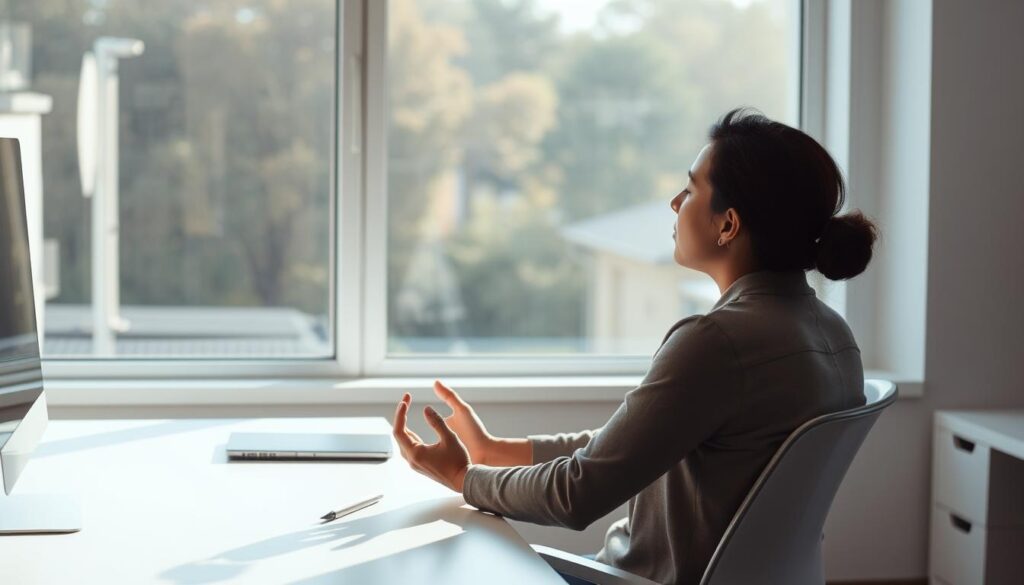 A person sitting calmly at a desk, facing a window with a serene outdoor view. They are taking deep breaths, practicing mindfulness techniques to manage their emotions in response to constructive criticism received from a coworker. The lighting is soft and natural, creating a sense of tranquility. The office setting is clean and minimalist, allowing the focus to remain on the individual's introspective process. The mood is one of self-reflection and resilience, as the person works to turn a potentially difficult situation into an opportunity for personal growth. A person sitting calmly at a desk, facing a window with a serene outdoor view. They are taking deep breaths, practicing mindfulness techniques to manage their emotions in response to constructive criticism received from a coworker. The lighting is soft and natural, creating a sense of tranquility. The office setting is clean and minimalist, allowing the focus to remain on the individual's introspective process. The mood is one of self-reflection and resilience, as the person works to turn a potentially difficult situation into an opportunity for personal growth.