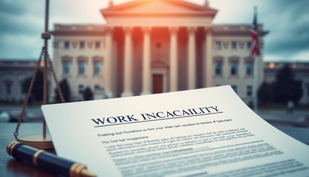 A professional, clean, and well-lit legal document with clear typography showcasing the legal foundations of work incapacity, set against a backdrop of a government building or courthouse, conveying a sense of authority and institutional gravitas. The document should be the central focus, with subtle details in the background hinting at the legal system and bureaucracy. The overall mood should be one of seriousness, precision, and attention to detail, reflecting the importance of the legal aspects of work incapacity. A professional, clean, and well-lit legal document with clear typography showcasing the legal foundations of work incapacity, set against a backdrop of a government building or courthouse, conveying a sense of authority and institutional gravitas. The document should be the central focus, with subtle details in the background hinting at the legal system and bureaucracy. The overall mood should be one of seriousness, precision, and attention to detail, reflecting the importance of the legal aspects of work incapacity.