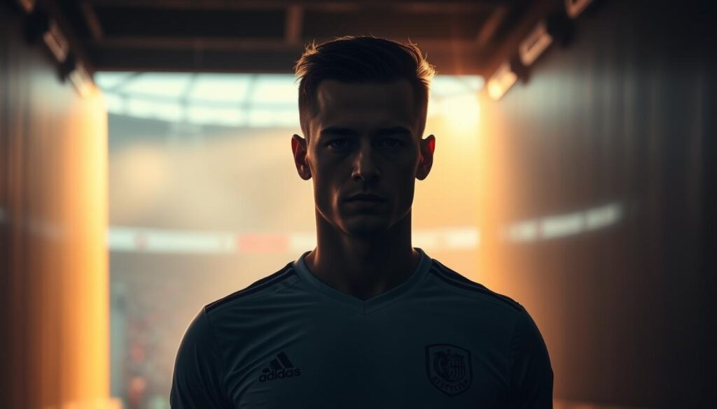 A professional soccer player from the Polish Ekstraklasa league, standing in a dimly lit stadium tunnel, bathed in a warm, golden light. The player is wearing a sleek, modern uniform in the team's colors, their face partially obscured by shadows, creating an air of mystery and intensity. The background features the faint silhouettes of spectators in the stands, and the distant roar of the crowd can be heard, adding to the electrifying atmosphere. The image captures the essence of the high-stakes, high-earning world of professional soccer in Poland.