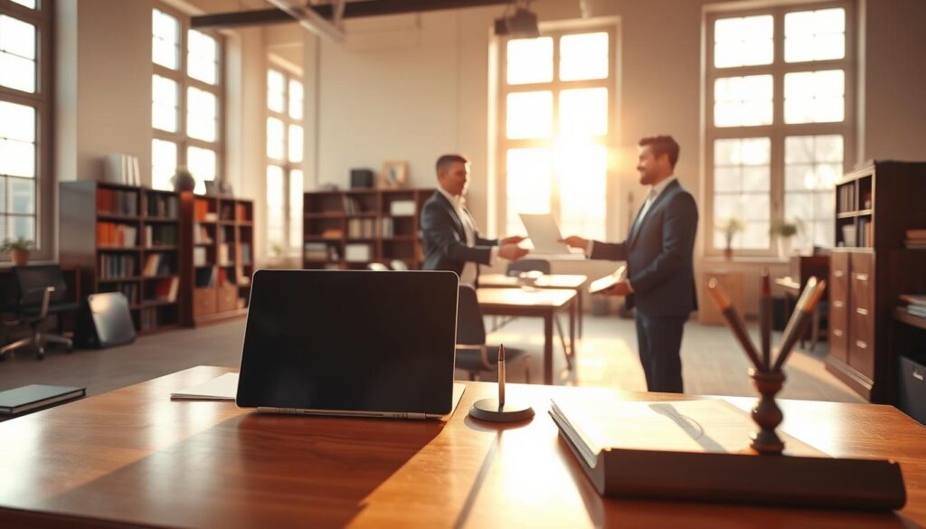 A spacious office interior, bathed in warm, natural light streaming through large windows. In the foreground, a wooden desk with a laptop, papers, and a pen stand, symbolizing the bureaucratic process of employment contracts. In the middle ground, two figures, one handing a document to the other, illustrating the concept of employment termination and notice periods. The background features bookshelves, filing cabinets, and other office furnishings, creating a professional, administrative atmosphere. The scene conveys a sense of contemplation, with the figures engaged in a serious discussion, underscoring the importance of understanding employment contract laws and regulations.