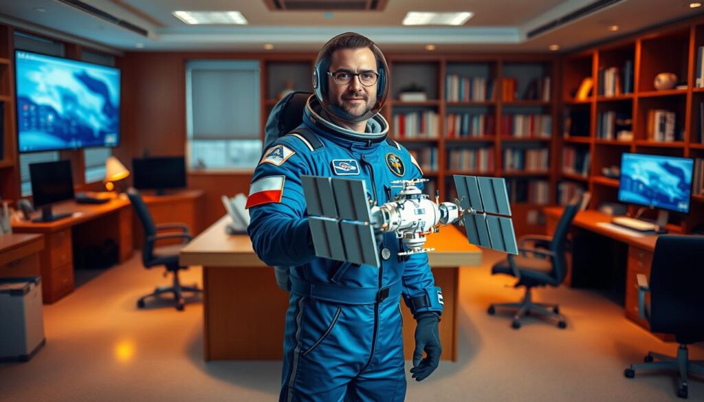 A spacious office interior with a large desk, computer monitors, and bookshelves in the background. In the foreground, a Polish astronaut in a sleek, blue spacesuit stands proudly, holding a model of the International Space Station. Warm, ambient lighting illuminates the scene, conveying a sense of professionalism and accomplishment. The overall composition suggests the financial and logistical considerations behind Poland's participation in the European Space Agency, and the impact on the astronaut's compensation and role.