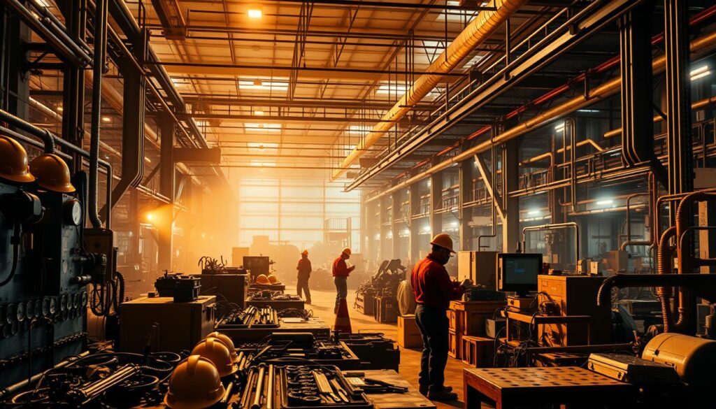 A vast industrial workspace bathed in warm, diffused lighting. In the foreground, an array of workplace machinery and tools - safety helmets, wrenches, gauges, and control panels. In the middle ground, workers in protective gear tending to various tasks, their silhouettes caught in dynamic motion. The background reveals the expansive scale of the facility, with high ceilings, intricate piping, and a sense of organized chaos. The overall atmosphere conveys the challenging, yet essential nature of the physical factors that must be managed in an industrial environment.