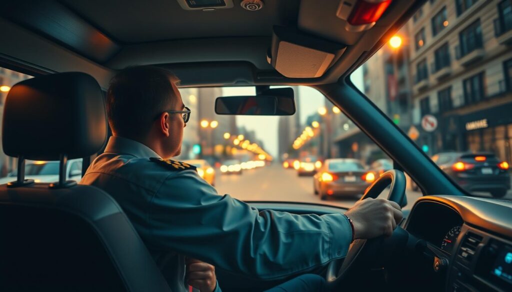 A well-equipped ambulance drives down a city street at dusk, its lights flashing and siren blaring. The driver, clad in a crisp uniform, navigates the traffic with precision and focus, their hands gripping the steering wheel as they make split-second decisions to ensure a swift and safe response. In the passenger seat, a paramedic monitors medical equipment, ready to provide lifesaving care at a moment's notice. The surrounding buildings and street lamps cast a warm, golden glow, creating an atmosphere of urgency and purpose. The scene conveys the critical responsibilities and demands faced by emergency medical drivers, underscoring the vital role they play in the community. A well-equipped ambulance drives down a city street at dusk, its lights flashing and siren blaring. The driver, clad in a crisp uniform, navigates the traffic with precision and focus, their hands gripping the steering wheel as they make split-second decisions to ensure a swift and safe response. In the passenger seat, a paramedic monitors medical equipment, ready to provide lifesaving care at a moment's notice. The surrounding buildings and street lamps cast a warm, golden glow, creating an atmosphere of urgency and purpose. The scene conveys the critical responsibilities and demands faced by emergency medical drivers, underscoring the vital role they play in the community.