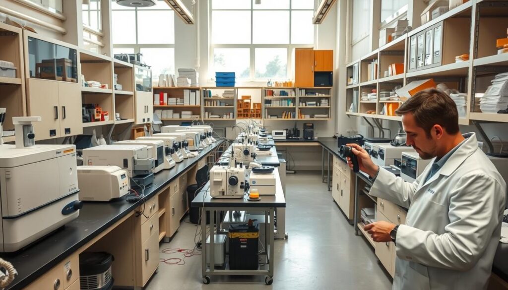 A well-equipped laboratory setting with various scientific instruments and equipment for measuring and analyzing harmful factors in the workplace environment. In the foreground, a technician in a white lab coat carefully operates a sophisticated measuring device, focused on the task at hand. The middle ground features rows of analytical instruments, such as spectrometers, gas chromatographs, and air quality sensors, arranged neatly on sturdy lab benches. The background showcases an array of safety cabinets, shelves filled with reference materials, and large windows allowing natural light to flood the space, creating a sense of scientific precision and professionalism. The overall scene conveys the seriousness and importance of the employer's duty to identify and measure harmful factors in the workplace, ensuring a safe and healthy environment for their employees.