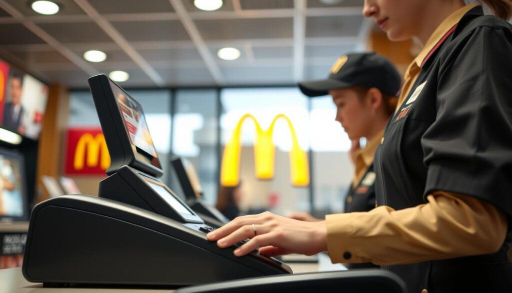 A well-lit McDonald's restaurant interior, showcasing the uniform attire of a dedicated employee working behind the counter. The focus is on their hands, meticulously handling the cash register, with a glimpse of the iconic golden arches visible in the background. The scene conveys a sense of professionalism and attention to detail, reflecting the standard hourly wage rate in Poland's McDonald's restaurants.