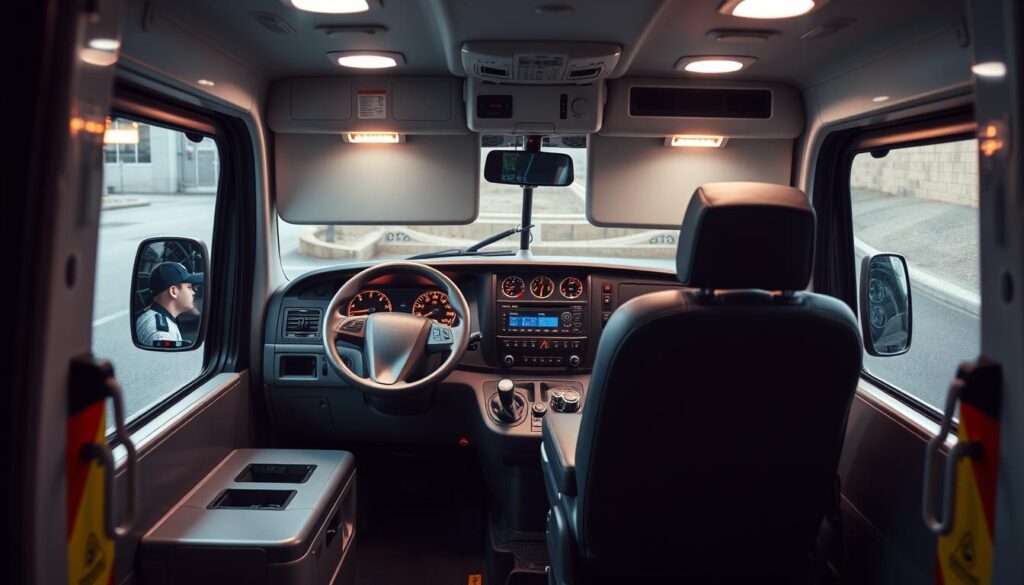 A well-lit interior of an ambulance cabin, showcasing the driver's seat and control panel. The dashboard displays various indicators and meters, reflecting the technical aspects of the driver's responsibilities. The cabin is clean and organized, conveying a sense of professionalism. Soft, diffused lighting illuminates the scene, creating a calm and focused atmosphere. The camera angle is slightly elevated, providing a comprehensive view of the driver's workspace and highlighting the importance of the role. The overall composition emphasizes the attention to detail and the specialized nature of the ambulance driver's duties. A well-lit interior of an ambulance cabin, showcasing the driver's seat and control panel. The dashboard displays various indicators and meters, reflecting the technical aspects of the driver's responsibilities. The cabin is clean and organized, conveying a sense of professionalism. Soft, diffused lighting illuminates the scene, creating a calm and focused atmosphere. The camera angle is slightly elevated, providing a comprehensive view of the driver's workspace and highlighting the importance of the role. The overall composition emphasizes the attention to detail and the specialized nature of the ambulance driver's duties.