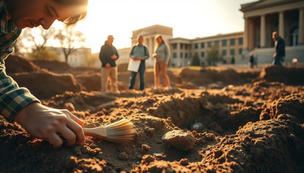 An archaeologist hard at work, carefully excavating ancient artifacts from the earth. The scene is bathed in warm, golden sunlight, casting long shadows across the dig site. In the foreground, the archaeologist meticulously brushes away the soil, revealing the delicate features of a pottery shard. In the middle ground, their colleagues discuss findings and map out the site, their faces filled with concentration. In the background, a university campus or museum looms, hinting at the academic and institutional settings where archaeologists can enhance their earning potential through research, teaching, or museum curation roles. The atmosphere conveys a sense of discovery, knowledge, and the rewarding, hands-on nature of the profession.