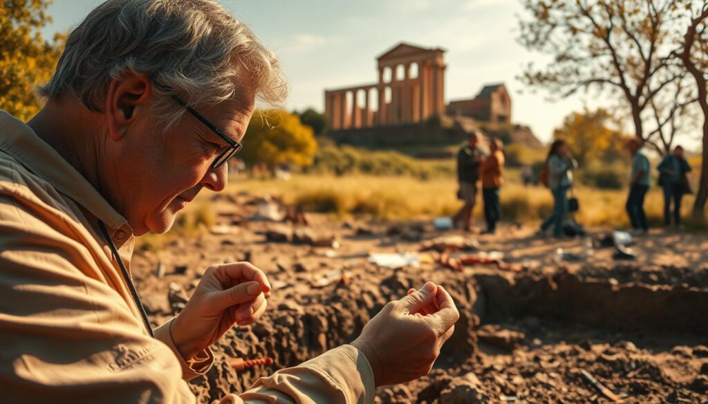 An archaeology site set in a serene, sun-dappled countryside. In the foreground, a seasoned archaeologist carefully examines a recently uncovered artifact, their focused expression conveying the thrill of discovery. The middle ground reveals a team of researchers meticulously documenting their findings, surrounded by a scattering of tools and notes. In the background, an ancient ruin stands tall, hinting at the wealth of history waiting to be unearthed. The scene is bathed in warm, golden light, creating a sense of reverence and wonder befitting the important work of these dedicated professionals.