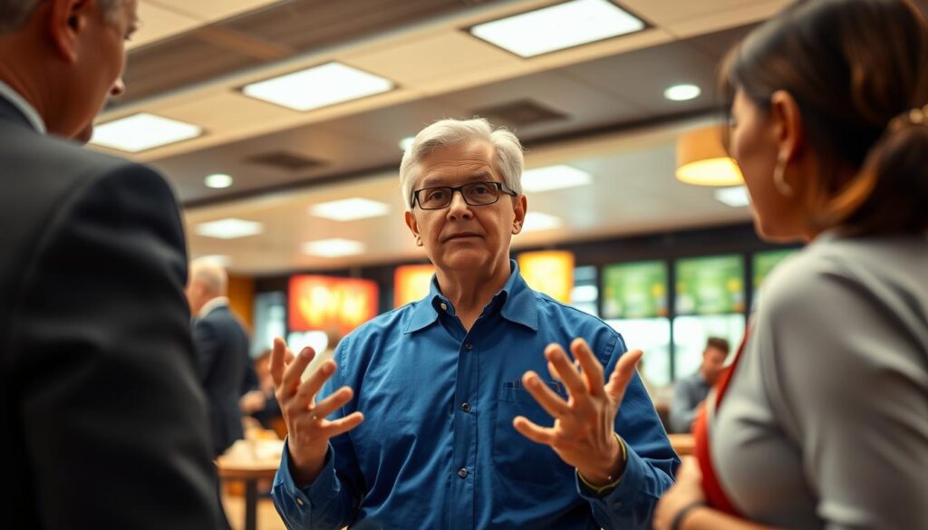 An office setting inside a McDonald's restaurant, with a middle-aged employee in a blue uniform standing in the foreground, hands gesturing as they discuss a career advancement opportunity with a supervisor. The background features a vibrant, well-lit dining area with customers enjoying their meals, creating a sense of a thriving, dynamic workplace. The lighting is warm and natural, captured through a wide-angle lens to convey a sense of depth and spaciousness. The overall atmosphere is one of professionalism, opportunity, and the potential for career growth within the McDonald's organization.