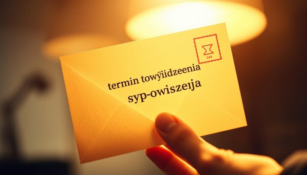 An official letter of termination floating against a blurred background, illuminated by warm, directional lighting. The envelope has a postmark and is partially obscured by a hand, emphasizing the importance of the delivery date. The scene conveys a sense of anticipation and legal significance, capturing the essence of the "termin wypowiedzenia" concept within the context of the article's subject. An official letter of termination floating against a blurred background, illuminated by warm, directional lighting. The envelope has a postmark and is partially obscured by a hand, emphasizing the importance of the delivery date. The scene conveys a sense of anticipation and legal significance, capturing the essence of the "termin wypowiedzenia" concept within the context of the article's subject.