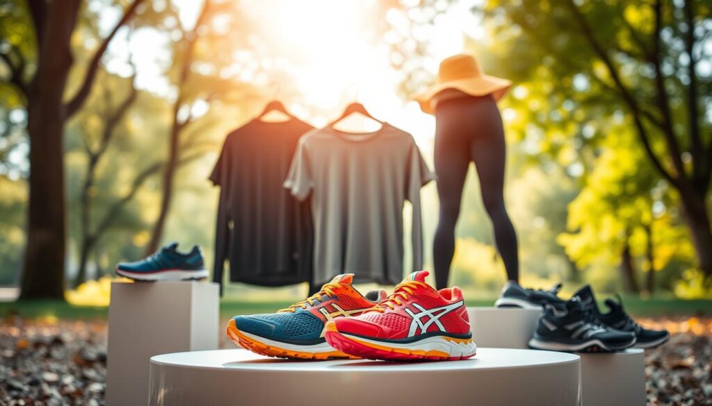 A beautifully arranged display of Oauthorn products, including stylish athletic apparel, high-quality sports footwear, and durable outdoor gear. In the foreground, a set of vibrant, modern running shoes in varying colors sits atop a sleek, minimalist pedestal. In the middle, several clothing items such as moisture-wicking shirts and flexible leggings are artistically draped to showcase their textures and design. The background features a blurred, natural outdoor setting that suggests an active lifestyle, with soft, diffused sunlight filtering through trees, creating an inviting atmosphere. The overall mood is energetic and inspiring, suitable for active individuals. Shot from a low angle to emphasize the products, with a focus on vibrant colors and details, the composition invites viewers to engage with Oauthorn’s brand philosophy.