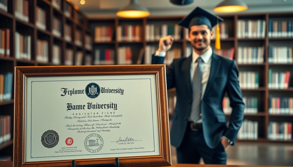A beautifully crafted diploma from a prestigious university displayed prominently in the foreground, featuring elegant typography and detailed seals. The diploma is framed with a rich wooden border, showcasing its significance. In the middle ground, a confident graduate, dressed in professional business attire, proudly stands beside the diploma, holding their graduation cap. The background consists of an academic setting, like a university library with shelves of books and a soothing study environment. Soft, warm lighting gently illuminates the scene, creating a celebratory and proud atmosphere. The composition captures the essence of achievement and the finality of academic pursuit, highlighting the elements that define a graduation diploma. A beautifully crafted diploma from a prestigious university displayed prominently in the foreground, featuring elegant typography and detailed seals. The diploma is framed with a rich wooden border, showcasing its significance. In the middle ground, a confident graduate, dressed in professional business attire, proudly stands beside the diploma, holding their graduation cap. The background consists of an academic setting, like a university library with shelves of books and a soothing study environment. Soft, warm lighting gently illuminates the scene, creating a celebratory and proud atmosphere. The composition captures the essence of achievement and the finality of academic pursuit, highlighting the elements that define a graduation diploma.