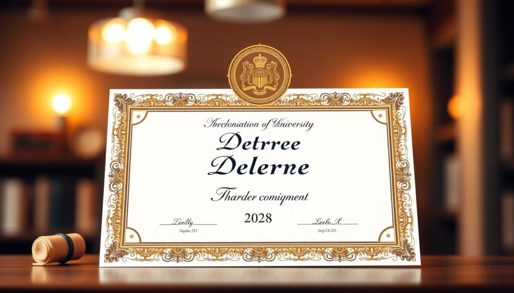 A beautifully designed diploma certificate showcasing the completion of a university degree. The foreground features an elegant diploma with intricate borders and a prominent university seal, displaying a gold emblem. In the middle, the diploma text is artistically presented, highlighting the degree earned, the name of the university, and a graduation date, all in classic serif font. The background is softly blurred, resembling a stylish, academic setting with warm, ambient lighting ideal for a formal presentation. The overall mood is celebratory and proud, evoking achievements and milestones. The scene should be free of any text overlays or watermarks, focusing solely on the diploma itself. A beautifully designed diploma certificate showcasing the completion of a university degree. The foreground features an elegant diploma with intricate borders and a prominent university seal, displaying a gold emblem. In the middle, the diploma text is artistically presented, highlighting the degree earned, the name of the university, and a graduation date, all in classic serif font. The background is softly blurred, resembling a stylish, academic setting with warm, ambient lighting ideal for a formal presentation. The overall mood is celebratory and proud, evoking achievements and milestones. The scene should be free of any text overlays or watermarks, focusing solely on the diploma itself.