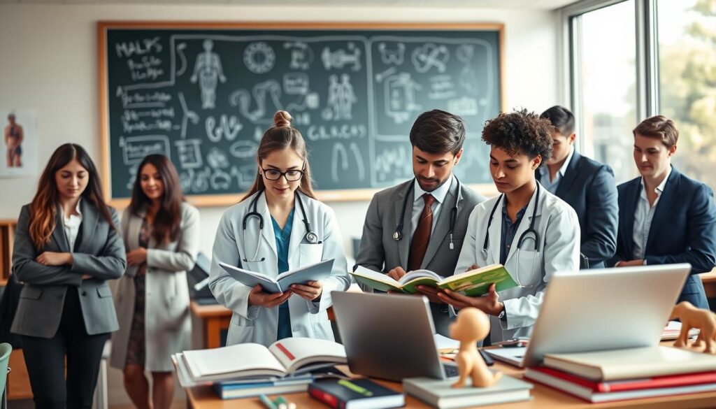 A bright and organized medical classroom setting filled with future doctors attentively engaging in studies. In the foreground, a diverse group of five students in professional business attire, including a female student in a lab coat and glasses taking notes, and a male student with a stethoscope around his neck examining a textbook. The middle ground showcases a chalkboard filled with complex medical diagrams and a table cluttered with anatomy books, models, and laptops. In the background, large windows allow natural light to flood the room, creating a warm and inspiring atmosphere. The lens focuses on the students, emphasizing their expressions of concentration and determination, capturing the spirit of medical education and the dedication it entails. The overall mood is one of ambition and scholarly pursuit, reflecting the challenges and rewards of becoming a doctor.