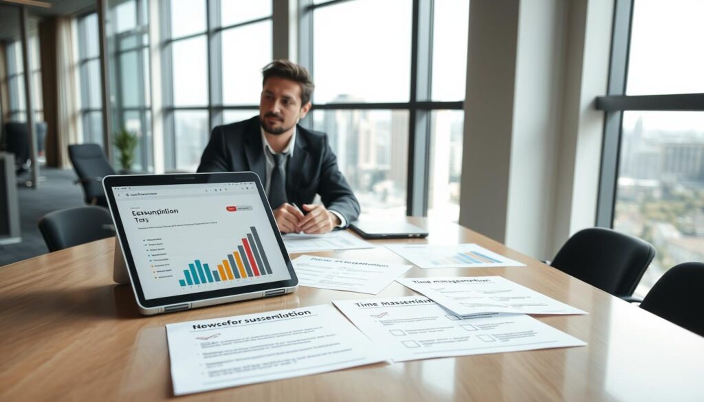 A businessman and businesswoman sit at a modern conference table in a well-lit office, discussing the benefits of suspending a business. The foreground features a laptop with graphs indicating financial savings and time management benefits. In the middle ground, documents spread across the table outline reasons for suspension, illustrated with checkmarks and positive visuals. The background showcases large windows with a city skyline, emphasizing a calm and contemplative atmosphere. Soft natural light filters in, creating a motivational and optimistic mood. Use a slightly elevated angle to capture the focus on the table while ensuring the individuals appear engaged and professional, both in smart business attire.