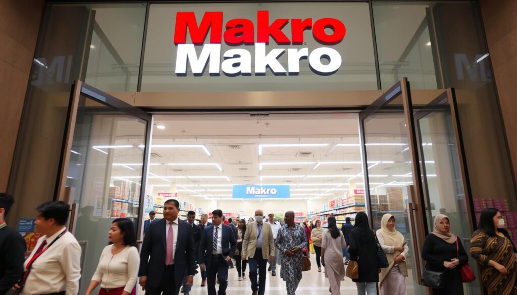 A bustling entrance to a Makro warehouse, showcasing the large glass doors and a welcoming atmosphere. In the foreground, a group of diverse customers in professional business attire and modest casual clothing are entering, conveying a sense of accessibility. In the middle, the spacious lobby features bright fluorescent lighting, showcasing Makro's branding subtly. In the background, neatly stacked products and well-organized aisles are visible, hinting at the variety available inside. The angle captures the entrance slightly from below, highlighting the grand structure and inviting ambiance. The scene conveys a sense of opportunity and community, with a warm, inviting mood perfect for illustrating the accessibility of the store for all customers.