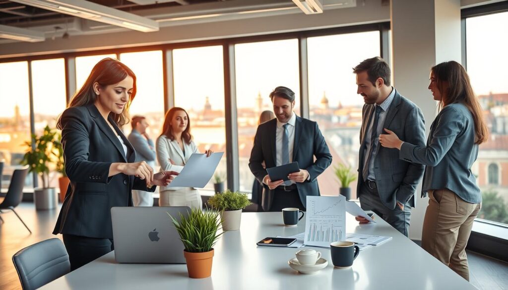 A bustling office space in Prague, Czech Republic, showcasing a diverse group of professionals engaged in discussions and working collaboratively. In the foreground, a confident businesswoman in a tailored suit gestures towards a laptop displaying charts, while a man in smart casual attire points at a document on the table. In the middle ground, a modern office desk is adorned with plants and a coffee cup, reflecting a friendly atmosphere. The background features large windows with a panoramic view of the city's historical skyline, bathed in warm afternoon sunlight. The scene captures an atmosphere of productivity and innovation, emphasizing the dynamic nature of running a business in Czechia, with a focus on teamwork and modernity.