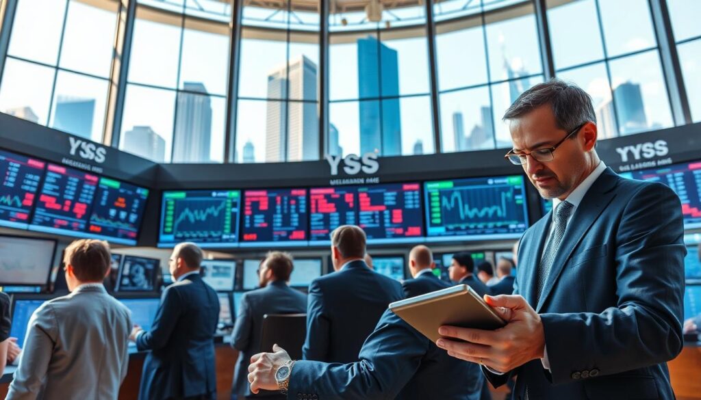 A bustling stock exchange trading floor, showcasing a diverse group of business professionals in smart attire, deeply engaged in analyzing data on multiple large screens displaying stock prices and charts. In the foreground, a focused trader studies a tablet, reflecting intense determination. The middle layer features a bright, modern trading environment with dynamic screens flashing real-time information. In the background, tall glass windows reveal a vibrant city skyline under clear blue skies. Natural light floods the room, creating an energetic yet professional atmosphere. The image conveys a sense of urgency and excitement typical of financial markets, emphasizing the importance of stock investment. A bustling stock exchange trading floor, showcasing a diverse group of business professionals in smart attire, deeply engaged in analyzing data on multiple large screens displaying stock prices and charts. In the foreground, a focused trader studies a tablet, reflecting intense determination. The middle layer features a bright, modern trading environment with dynamic screens flashing real-time information. In the background, tall glass windows reveal a vibrant city skyline under clear blue skies. Natural light floods the room, creating an energetic yet professional atmosphere. The image conveys a sense of urgency and excitement typical of financial markets, emphasizing the importance of stock investment.