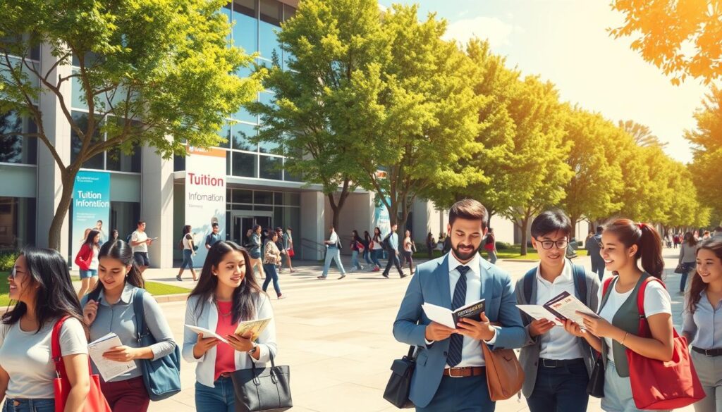 A bustling university campus scene illustrating the theme of public university tuition fees. In the foreground, a diverse group of students, dressed in business casual attire, are discussing payment options while reviewing brochures. In the middle ground, a modern university building with glass windows and banners showcasing “Tuition Information” can be seen, with students entering and exiting. In the background, lush green trees and a clear blue sky create a welcoming atmosphere. The lighting is bright and warm, suggesting a sunny day. This vibrant setting captures the essence of student life and financial considerations, emphasizing the importance of understanding public university fees.