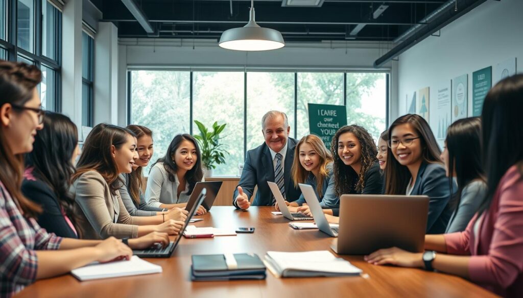 A busy university internship scene in a modern office environment. In the foreground, a diverse group of young adult students dressed in professional business attire, engaging in discussion around a conference table, with laptops and notebooks open in front of them. In the middle ground, a mentor figure, older and experienced, guiding them with a friendly demeanor. The background features a bright, well-lit office space with large windows, greenery outside, and motivational posters on the walls. The atmosphere is collaborative and energetic, suggesting growth and learning. The lighting is soft yet bright, capturing a productive workday ambiance, shot from a slightly elevated angle to encompass the whole scene. A busy university internship scene in a modern office environment. In the foreground, a diverse group of young adult students dressed in professional business attire, engaging in discussion around a conference table, with laptops and notebooks open in front of them. In the middle ground, a mentor figure, older and experienced, guiding them with a friendly demeanor. The background features a bright, well-lit office space with large windows, greenery outside, and motivational posters on the walls. The atmosphere is collaborative and energetic, suggesting growth and learning. The lighting is soft yet bright, capturing a productive workday ambiance, shot from a slightly elevated angle to encompass the whole scene.