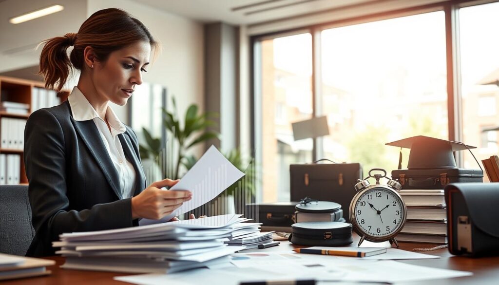A busy university office scene representing the concept of the cost of student internships. In the foreground, a professional woman in business attire is thoughtfully reviewing documents and calculating expenses on a laptop, surrounded by stacks of papers and charts. In the middle ground, an abstract representation of financial figures and internship-related items like briefcases, graduation caps, and clocks are semi-transparent and layered, symbolizing time and cost dynamics. In the background, a large window lets in soft, natural light, illuminating a university campus view, creating a bright and optimistic atmosphere. The composition is slightly angled to enhance depth, creating a sense of engagement and focus on the subject of financial considerations in student internships. A busy university office scene representing the concept of the cost of student internships. In the foreground, a professional woman in business attire is thoughtfully reviewing documents and calculating expenses on a laptop, surrounded by stacks of papers and charts. In the middle ground, an abstract representation of financial figures and internship-related items like briefcases, graduation caps, and clocks are semi-transparent and layered, symbolizing time and cost dynamics. In the background, a large window lets in soft, natural light, illuminating a university campus view, creating a bright and optimistic atmosphere. The composition is slightly angled to enhance depth, creating a sense of engagement and focus on the subject of financial considerations in student internships.