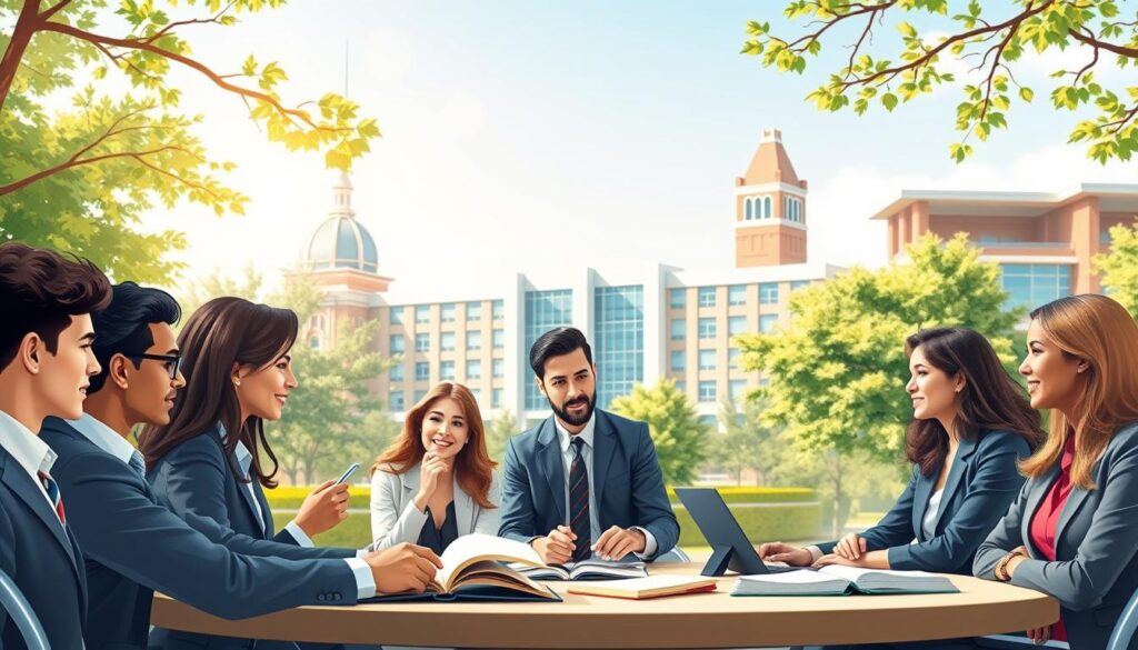 A captivating illustration depicting various types of higher education study programs in an academic setting. In the foreground, a diverse group of young adults in professional business attire are engaged in lively discussions, with books and laptops open on a table. The middle ground features a university campus backdrop, showcasing distinct building styles representing different faculties, like sciences, arts, and business. The background is a sunny day with trees gently swaying, casting dappled light across the scene. Soft-focus lighting enhances a sense of optimism and collaboration, while a wide-angle perspective captures the environment and the interactions of students, highlighting the importance of higher education pathways.